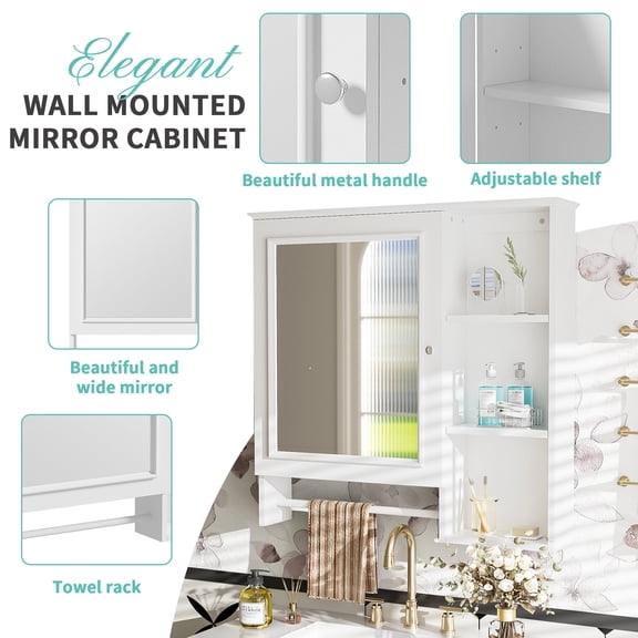 DUOSONG Wall Mounted Bathroom Storage Cabinet, Medicine Cabinets With Large Mirror Door, Adjustable Shelves And Three Open Storage Levels(Not Include Bathroom Vanity ) White MDF+glass Bath & Faucets