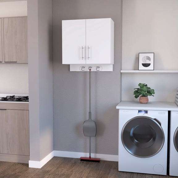 DUOSONG Weiser Wall Storage Cabinet, Space Saver Storage Cabinet With Broom Hangers White Engineered Wood Furniture Dining Furniture Kitchen Islands & Carts
