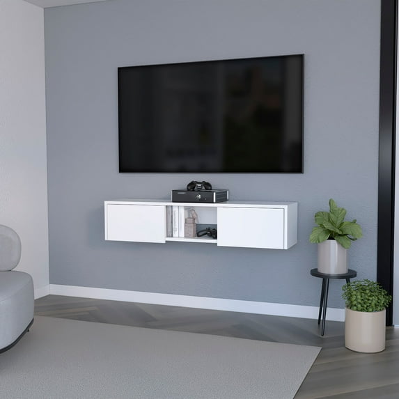 DUOSONG White 2-Door Floating Tv Stand White Wood Furniture Primary Living Space TV & Entertainment Furniture