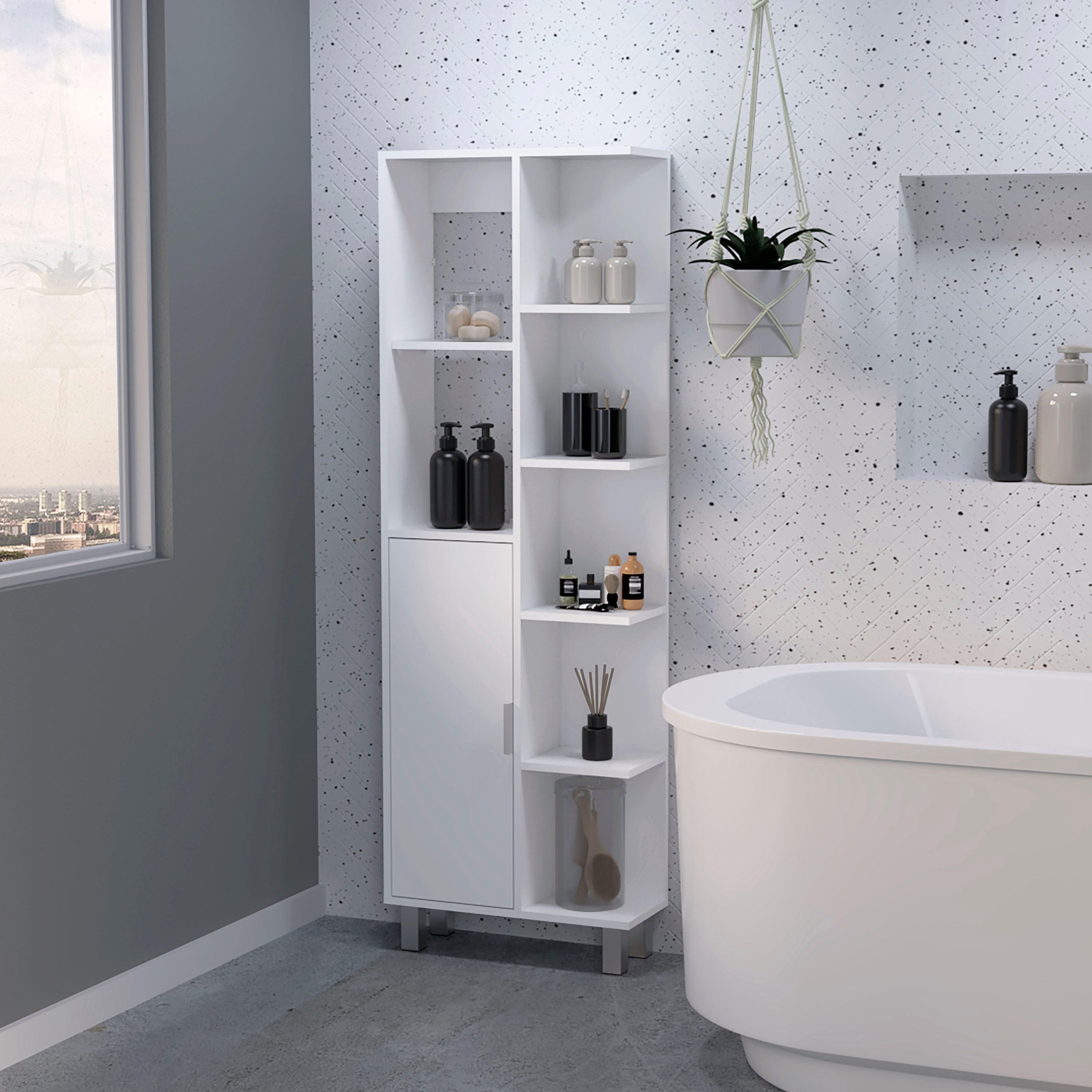 DUOSONG White 9-Shelf Linen Cabinet White Wood Bath & Faucets Bathroom ...