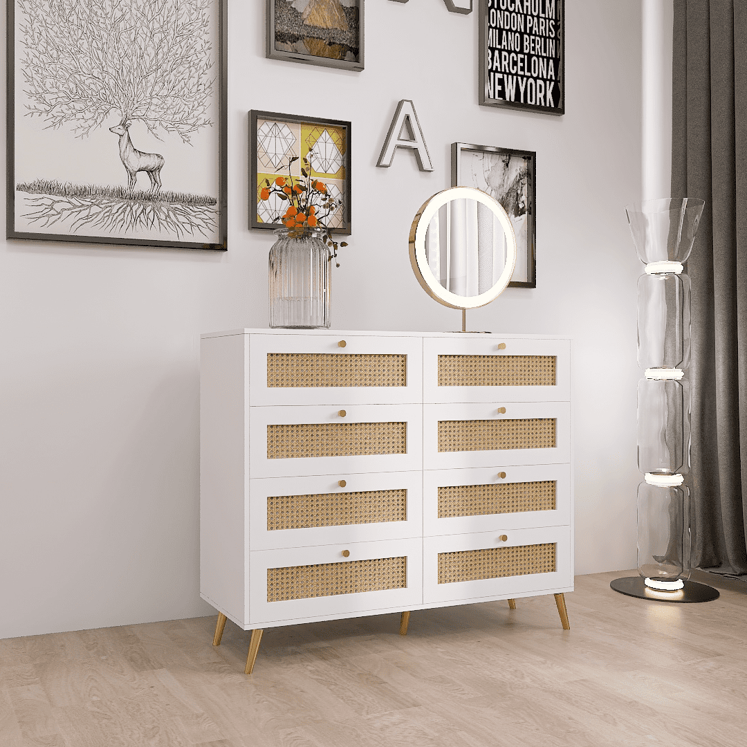 DUOSONG White Color 8 Drawers Chest Of Drawers With Rattan Drawer Face ...