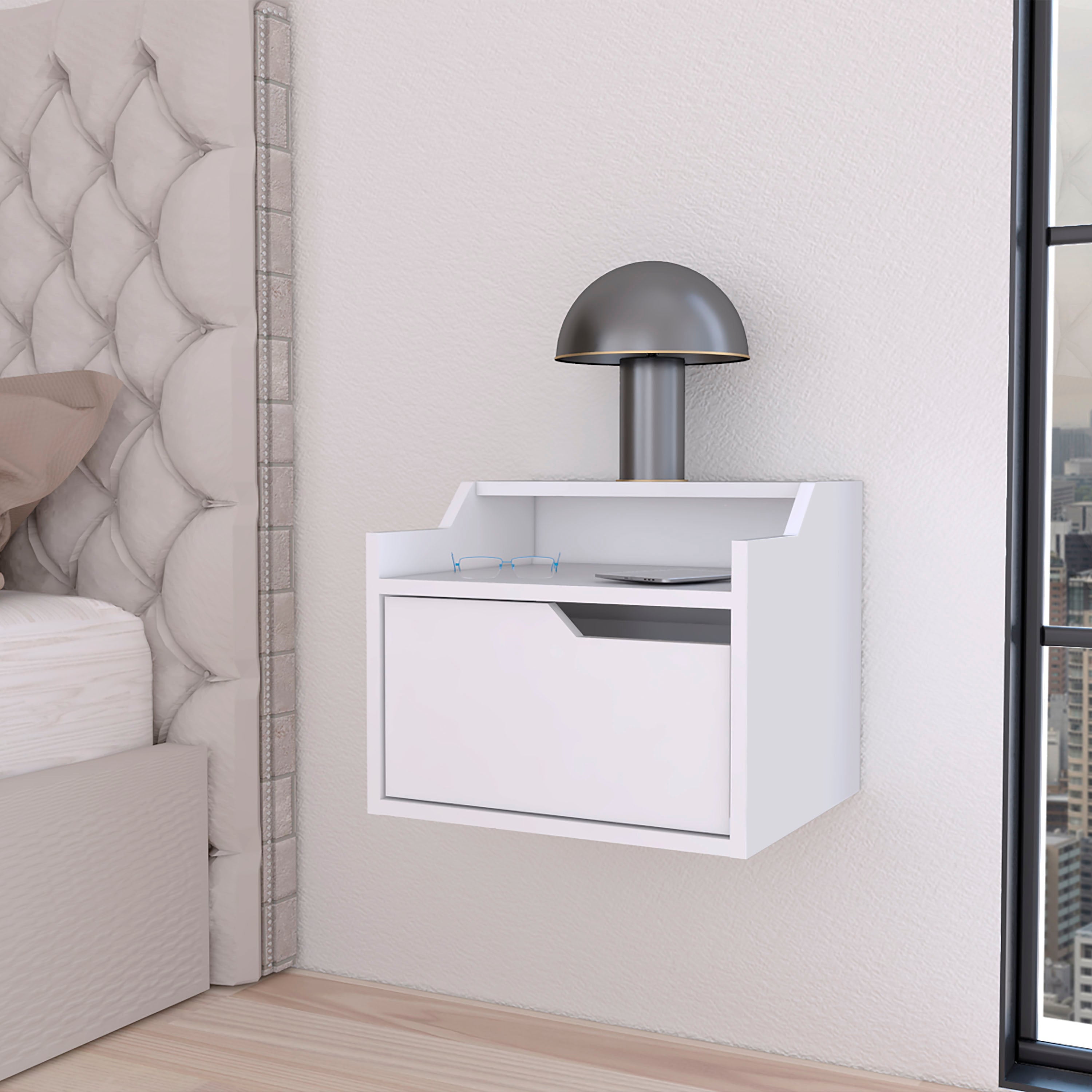 White Floating Nightstand with Dual-Shelf and Drawer