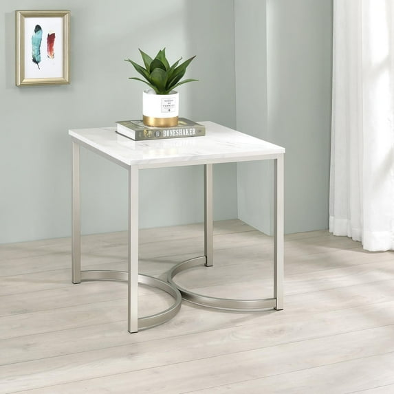Coffee Tables White Faux Marble and Satin Nickel Coffee Table,End Tables