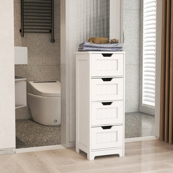 DUOSONG White Freestanding Storage Cabinet With 4 Drawers, Suitable For Bathroom, Living Room, Kitchen White MDF Bath & Faucets Bathroom Storage
