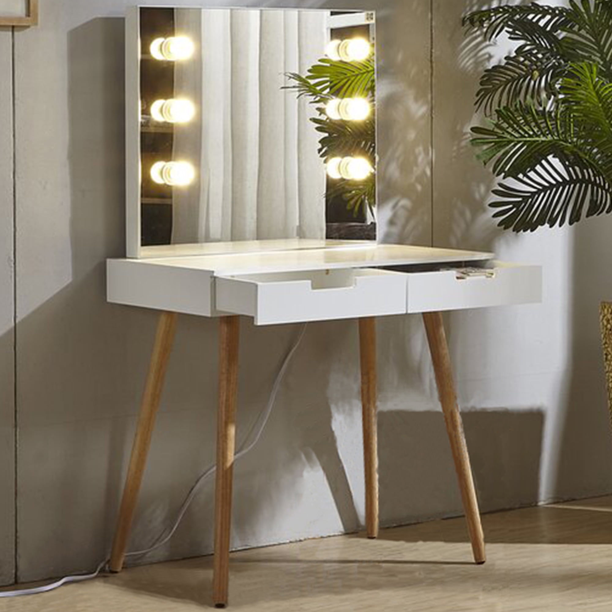 DUOSONG Wooden Vanity Table Makeup Dressing Desk With Led Light,Dressing Table With Usb Port