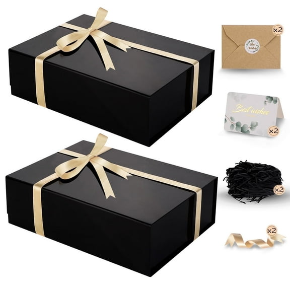 DUOTAN 2 Pack Large Gift Box with Lid, 13.5 x 10 x 3.5 lnch Black Magnetic Gift Box for Presents with Card, Ribbon, Shredded Paper, Gift Box for Birthday, Wedding, Christmas (Glossy)
