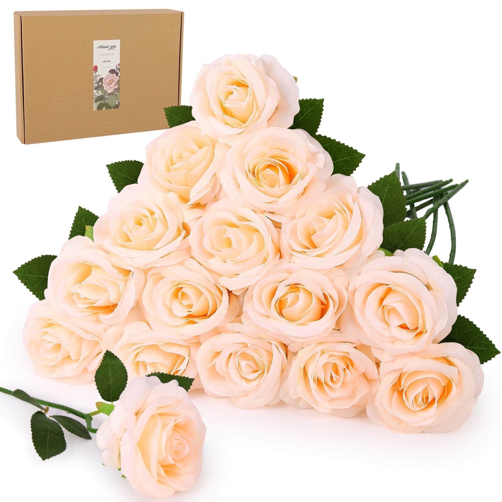 DUOTAN 20 PCs Champagne Roses Artificial Silk Flowers, 4’’Big Flower Head Artificial Roses with Long Stems, Realistic Fake Roses Bulk for Home Wedding Bouquet Arrangements Party Decoration