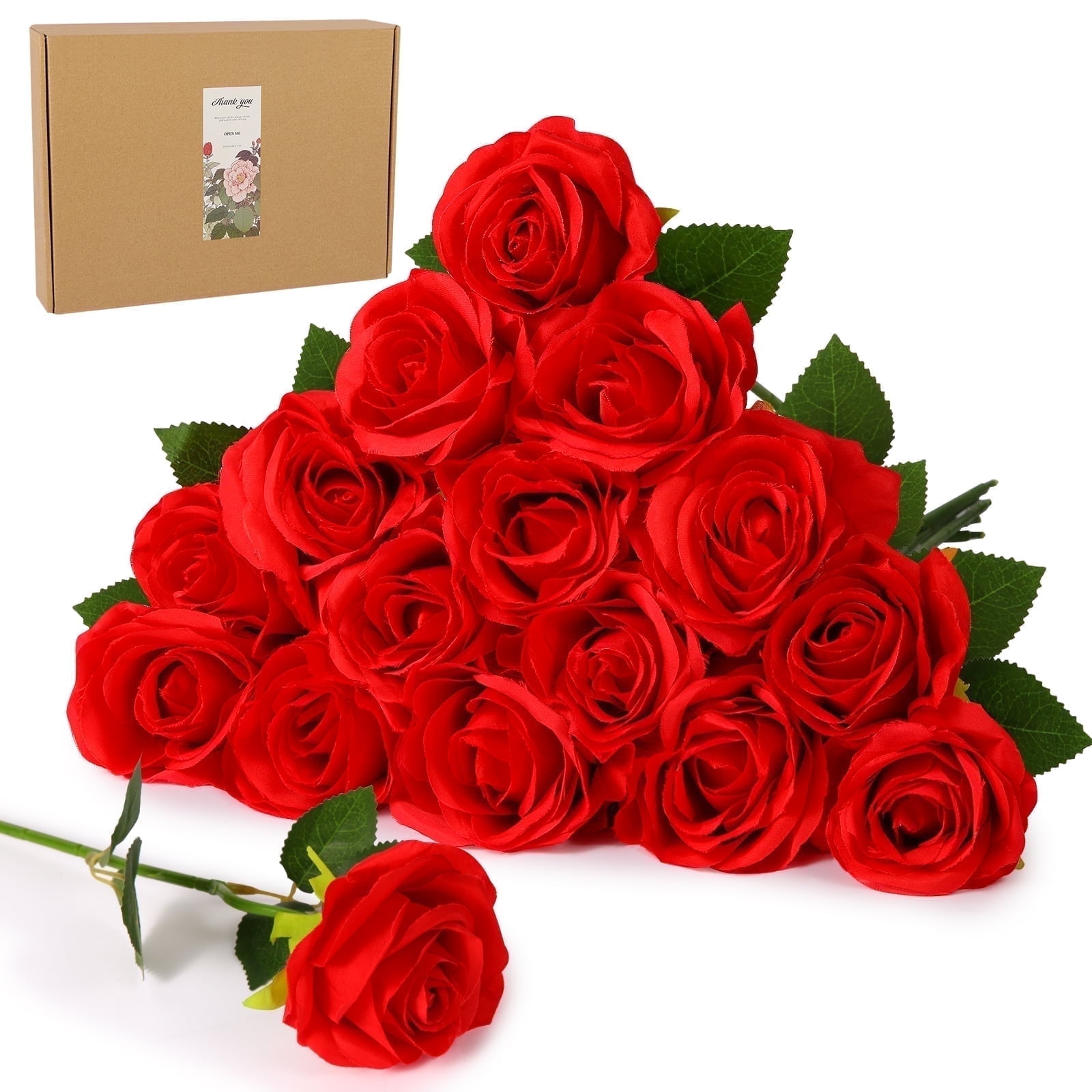 DUOTAN 20 PCs Red Roses Artificial Silk Flowers, 4’’Big Flower Head Artificial Roses with Long Stems, Realistic Fake Roses Bulk for Home Wedding Bouquet Arrangements Party Decoration
