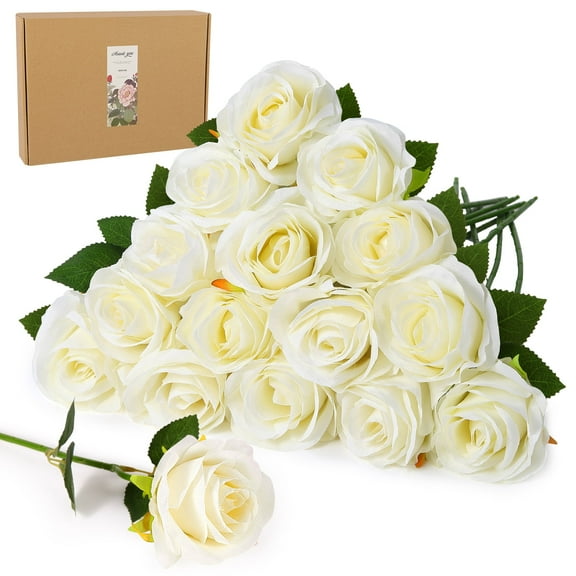 DUOTAN 20 PCs White Roses Artificial Silk Flowers, 4’’Big Flower Head Artificial Roses with Long Stems, Realistic Fake Roses Bulk for Home Wedding Bouquet Arrangements Party Decoration