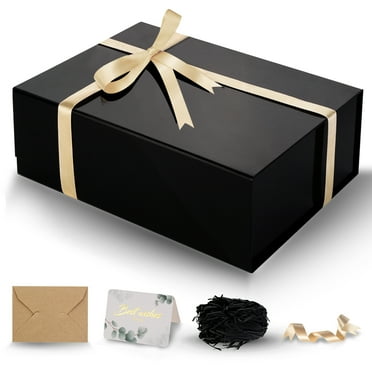 DUOTAN Large Glossy  Black Gift Box with Magnetic Lid 13.5 x 10 x 3.5 Inch, Includes Ribbon & Card, for Multiple Occasions