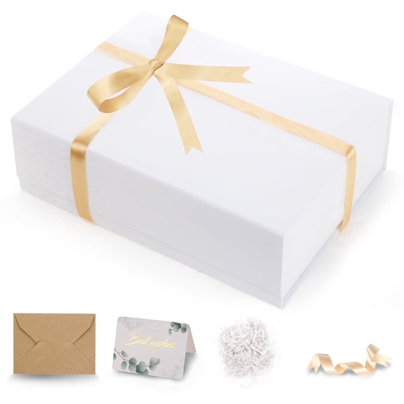 DUOTAN Large Glossy White Gift Box with Magnetic Lid 13.5 x 10 x 3.5 Inch, Includes Ribbon & Card, for Multiple Occasions