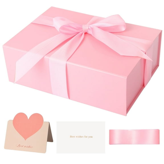 DUOTAN Pink Gift Box 11’’x7.2”x3.5”, Glossy Magnetic Gift Box with Lid for Present Contains 1-1/2’’ Widened Ribbon, Liner Paper, Card for Christmas, Valentine's Day, Wedding, Birthday