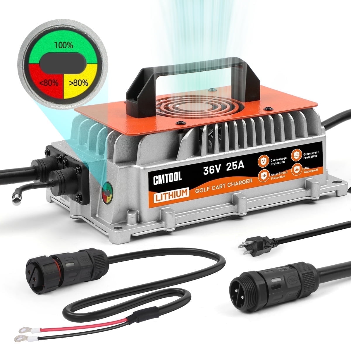 DUOYI 36V 25A Smart Golf Cart Battery Charger -1250W Fully Automatic Trickle Lithium Charger with IP67 Waterproof Rating ,Orange