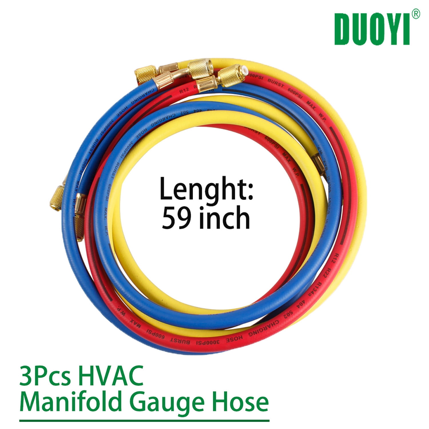 DUOYI 3-Piece HVAC Hose Kit, 60" AC Refrigerant Charging Hoses with 1/4" SAE Thread Interface for R134A R410A R404A R12 R22 R502 R1234YF Air Condition Maintenance