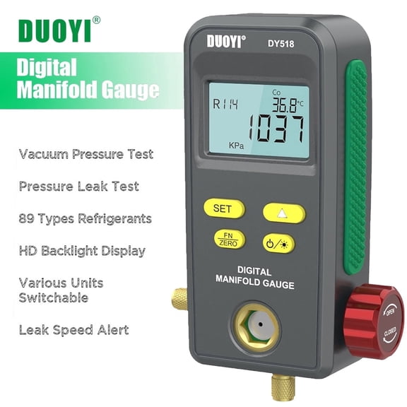 DUOYI DY518 A/C Refrigeration Digital Manifold Gauge, HVAC Vacuum Pressure Temperature Tester for R134a Refrigerants