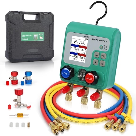 DUOYI DY523 Digital HVAC Manifold Gauge Set, Smart AC Diagnostic for 92+ Refrigerants R134a R410a, Vacuum Refrigerant Recharge Tool