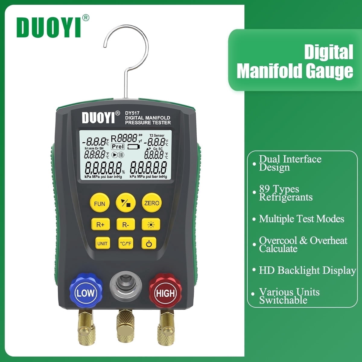DUOYI DY517 Digital Manifold Gauge, 1-Piece HVAC Refrigeration Pressure Temperature Tester with Smart Features for 89 Refrigerants