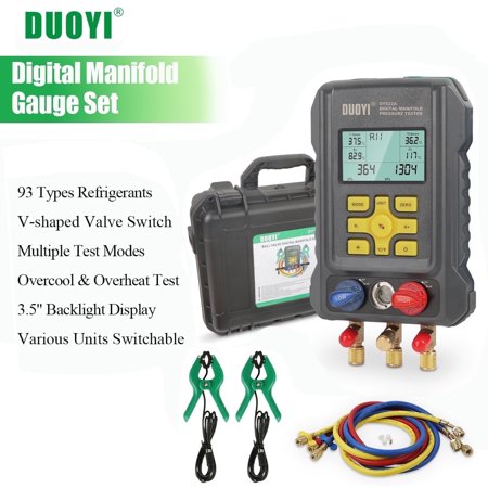 DUOYI Digital Manifold Gauge Set, AC Diagnostic Tool Set for 93 Refrigerants (R134a), All-in-One HVAC Vacuum, Pressure & Temperature Tester - ABS Material