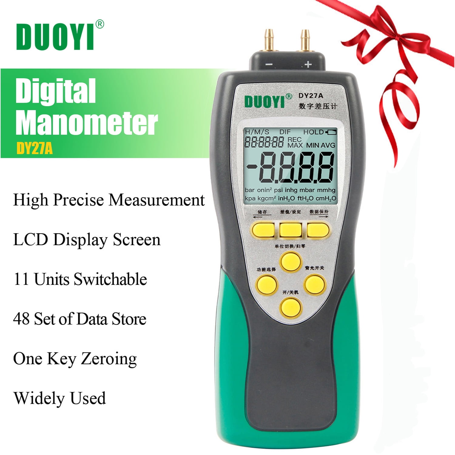 Differential Pressure Meter, LED Backlit Display Handheld Digital