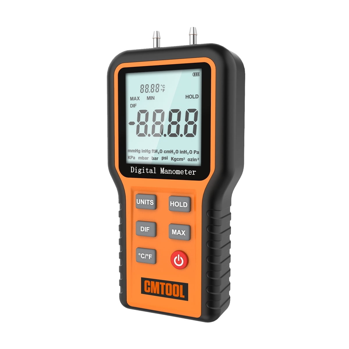 CMTOOL Digital Manometer Dual Port Gas Air Pressure Tester Handheld Differential Pressure Gauge 12 Uints Measuring Meter W/ LCD Blacklight Display, Orange