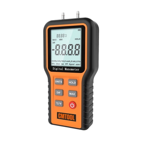 CMTOOL Digital Manometer Dual Port Gas Air Pressure Tester Handheld Differential Pressure Gauge 12 Uints Measuring Meter W/ LCD Blacklight Display, Orange