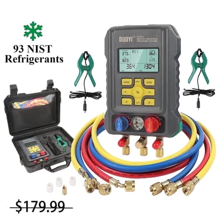 DUOYI 8pcs HVAC Digital Manifold Gauge Set, 2-Valve AC Diagnostic Tool with 93 Refrigerants R410a R22, 1 Set Heavy-Duty HVAC Tester for Car & Home