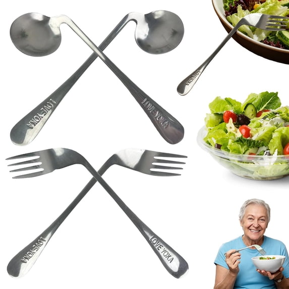 DUOYOU Adaptive Feeding Spoon and Fork Curved Handle Eating Utensils for Elderly Adults Long Handle Silverware Set for Home Kitchen Travel and Meals