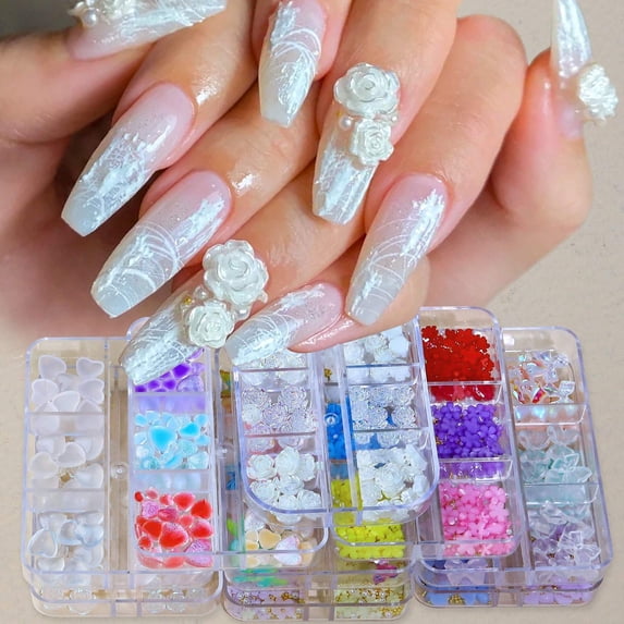 DUOYOU Nail Charms and Gems Kit Flower Nail Art Charms Rhinestones Pearls Caviar Beads for Nail Beauty Halloween Christmas Gifts with Transparent Box
