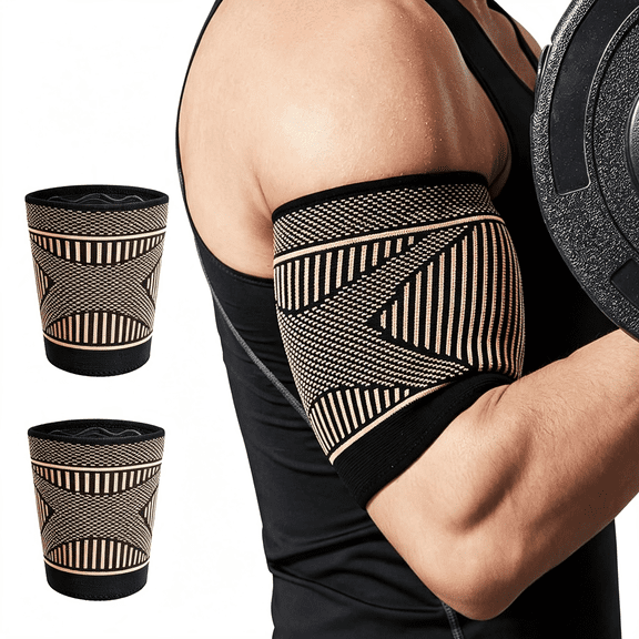 DUPAI 1 Pair Bicep Compression Sleeve for Pain Relief,Bicep Tendonitis Brace for Muscle Strains Recovery,Upper Arm Sleeves for Workouts (Black and Brown,Small)