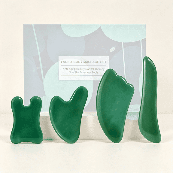 DUPAI Guasha Massage Tool, 4 Pcs Gua Sha Facial Tool, Guasha Board for Spa Acupuncture Therapy Trigger Point Treatment, Gua Sha Scraping Massage Tool (Green)