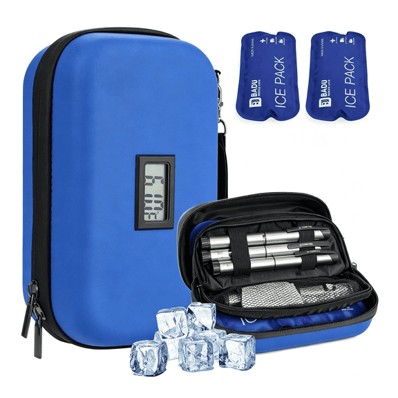 DUPAI Insulin Cooler Travel Case Tsa Approved Refrigerated Medicine Cooler for Travel W/Thermometer Temperature Diabetic Travel Case W/2 Reusable Ice Packs for Daily Life Trip, Blue