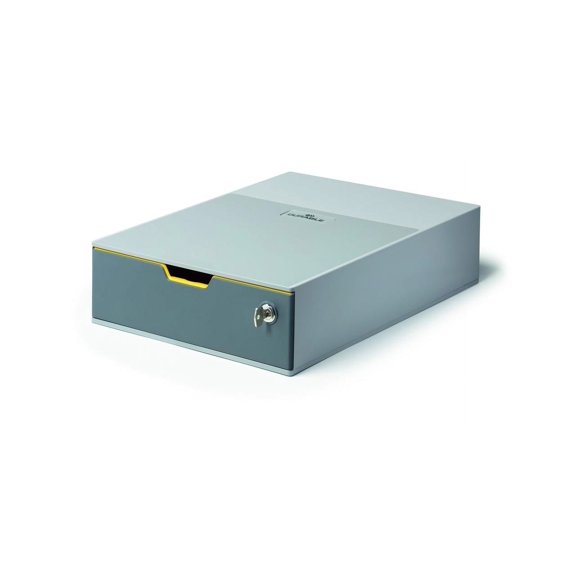 DURABLE Keyed Lock Desktop Drawer Organizer (VARICOLOR 1 Compartment with Removable Label) 14" x 11" x 3.8" , Gray & Yellow (760127)