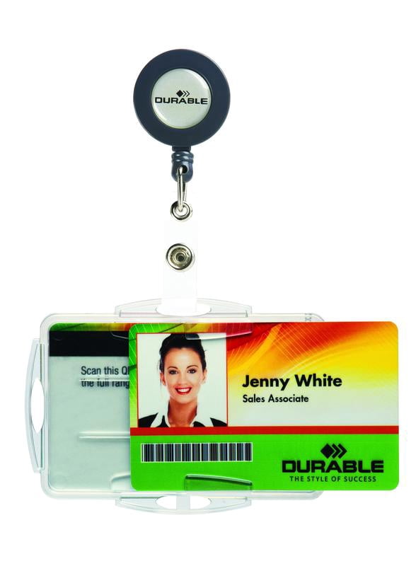 DURABLE Open Face Style ID Badge Holders for Two Badges with Retractable Reel, Horizontal Or Vertical Orientation, 2-3/4" x 3-5/8", Clear, Pack of 10 (821919)