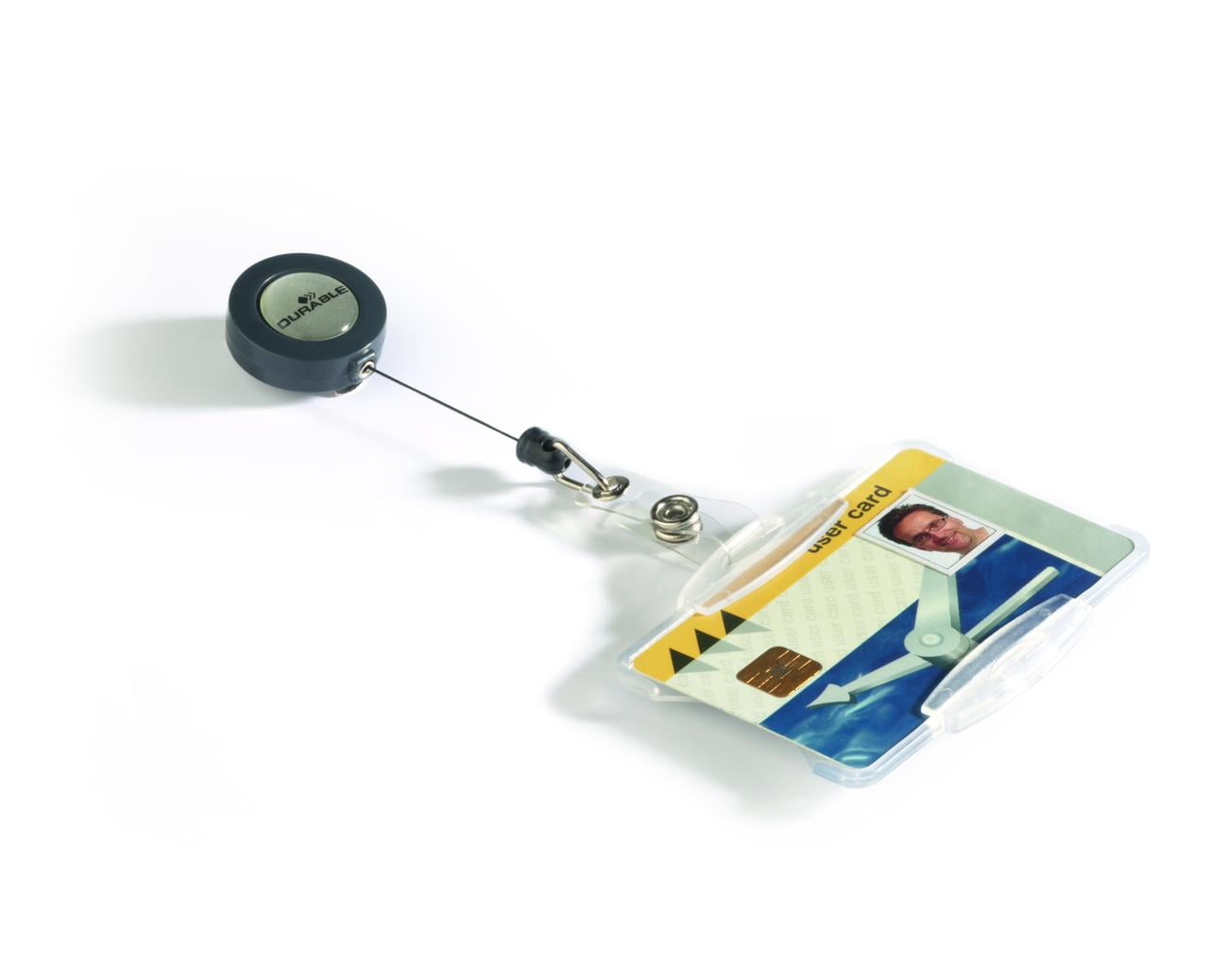 DURABLE Open Face style ID Badge Holder with Retractable Reel, Horizontal Or Vertical Orientation, 2-3/4" x 3-5/8", Clear, Pack of 10 (801119)