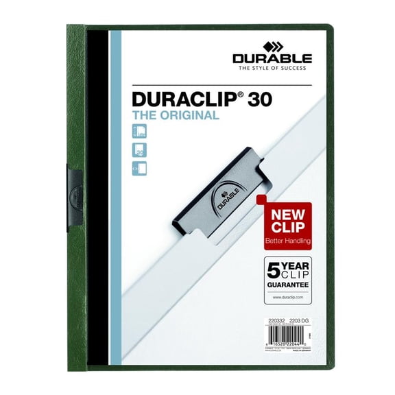 DURABLE Report Cover with DURACLIP, Letter-size, Holds Up to 30 Pages, Clear Cover/Dark Green, 25 per Box (220332BX)