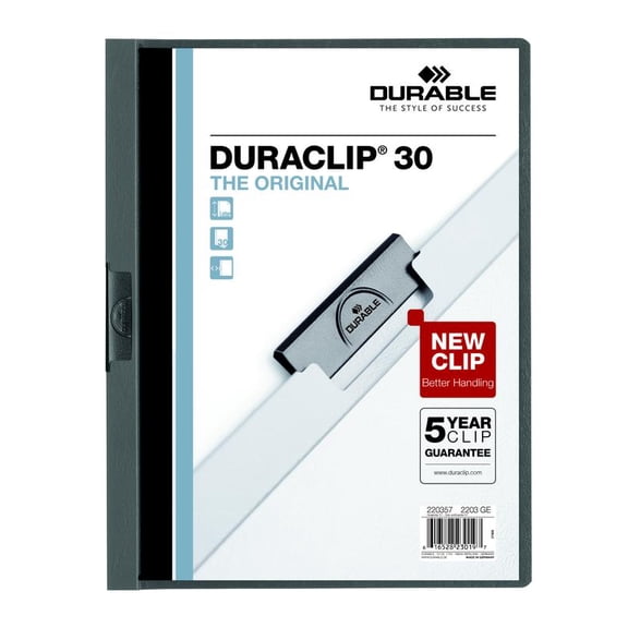 DURABLE Report Cover with DURACLIP, Letter-size, Holds Up to 30 Pages, Clear Cover/Graphite, 25 per Box (220357BX)