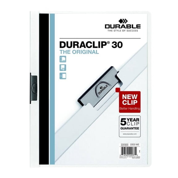 DURABLE Report Cover with DURACLIP, Letter-size, Holds Up to 30 Pages, Clear Cover/White, 25 per Box (220302BX)