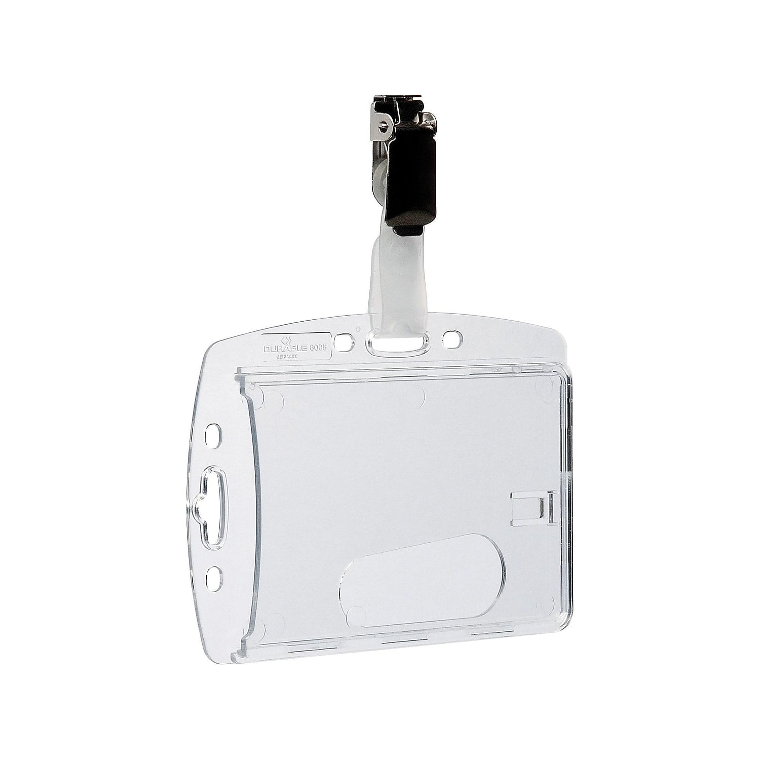 DURABLE Shell-Style ID Badge Holder with Strap Clip, Horizontal Or Vertical Orientation, 2-3/4" x 4", Clear, Pack of 25 (800519)