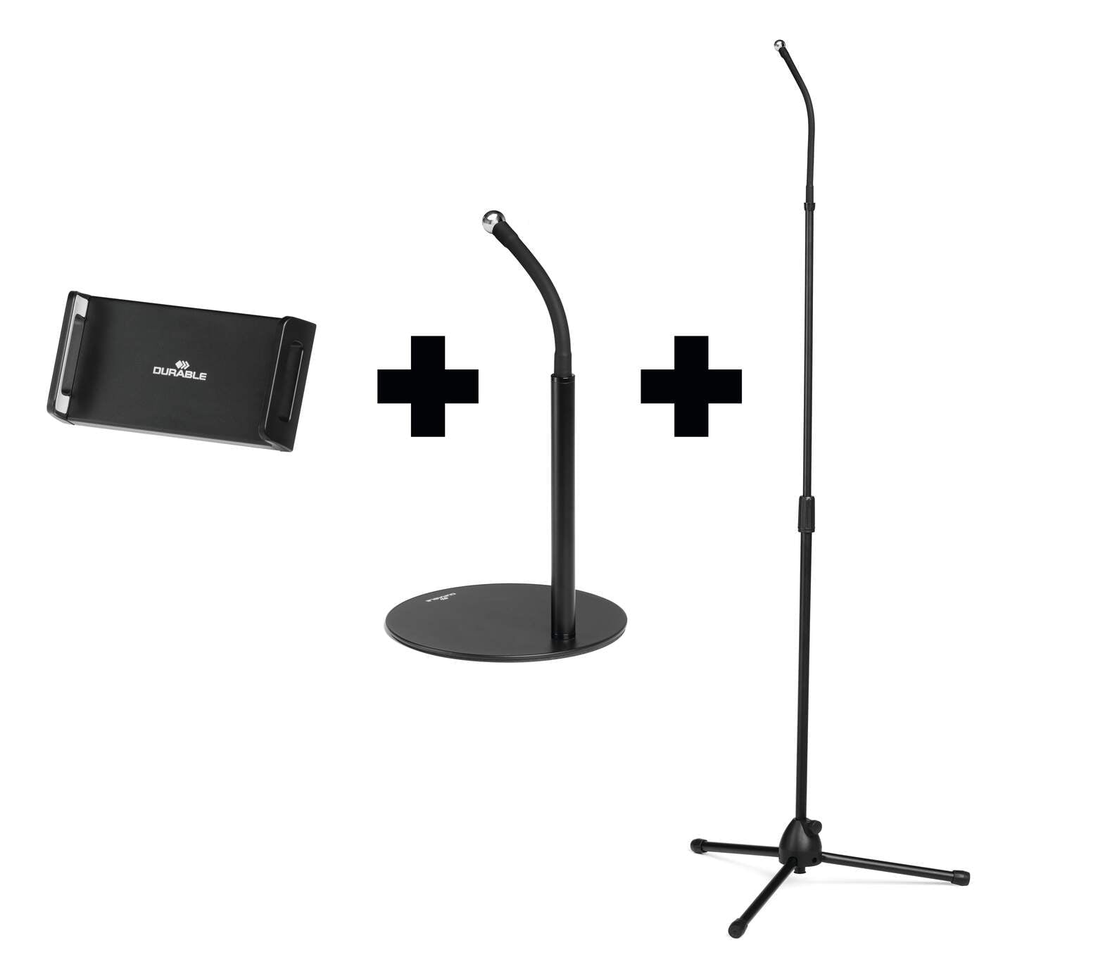 DURABLE TWIST COMBI Black Table and Floor Tripod for Tablet, iPad, iPhone, Android, Foldable Stand with Convenient Bag, Height Adjustable, 360° Rotation