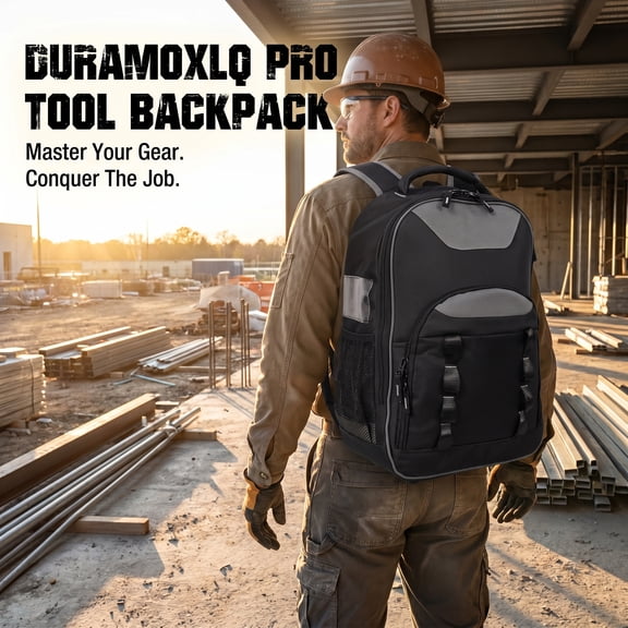 DURAMOXLQ 19-Inch Heavy-Duty Tool Backpack with Laptop Sleeve, Multi-Pocket Electrician Tool Bag, Black