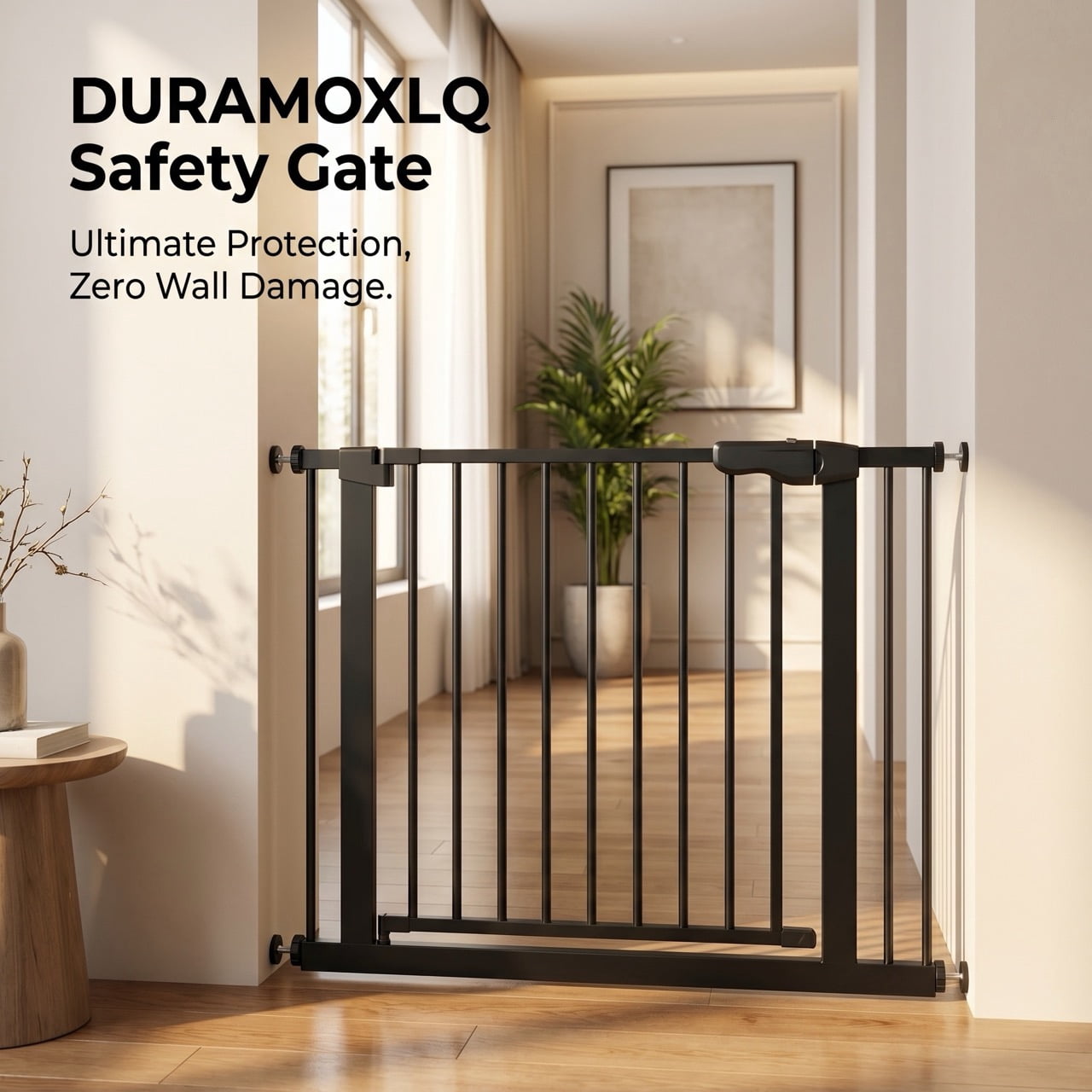 DURAMOXLQ 29.5-44.1" Adjustable Baby & Pet Gate for Stairs, Pressure Mounted Walk-Through Dog Gate, Black