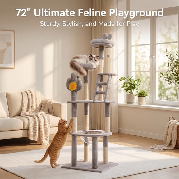 DURAMOXLQ 72-Inch Cactus Cat Tree Tower with Transparent Capsule, Multi-Level Activity Center with Sisal Scratching Posts for Indoor Large Cats