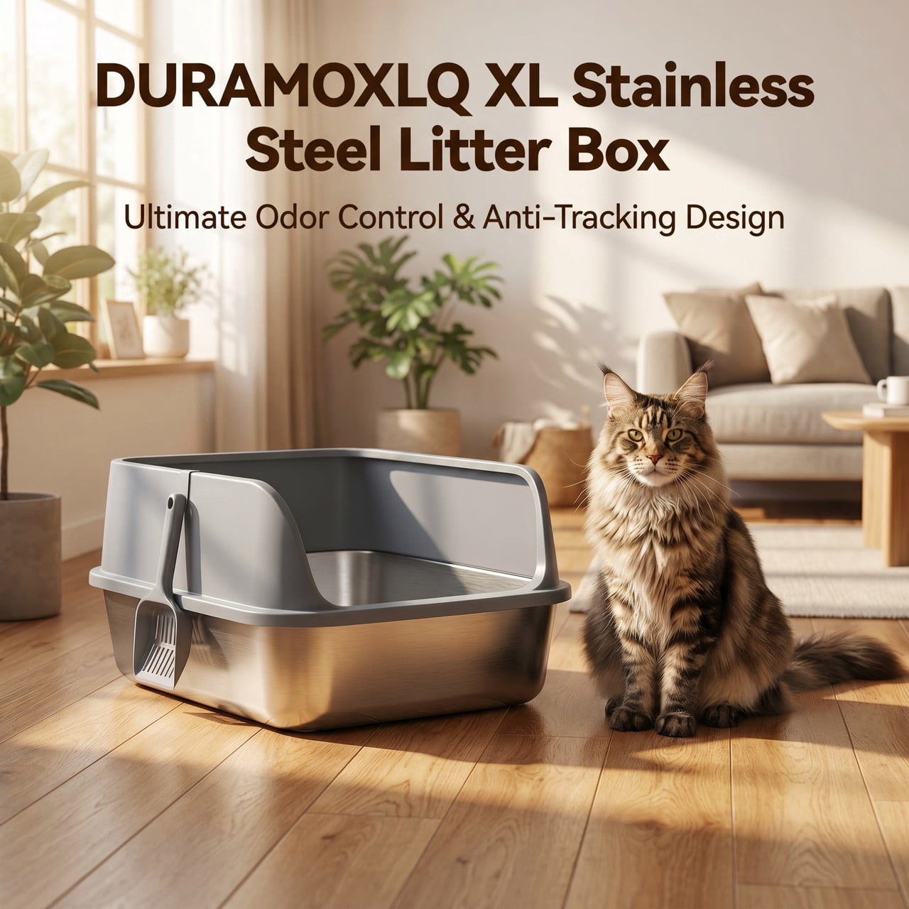 DURAMOXLQ XL Stainless Steel Cat Litter Box with High Sides, 23"x15" Large Metal Litter Pan for Big & Multi Cats, Odor Control, Open Top