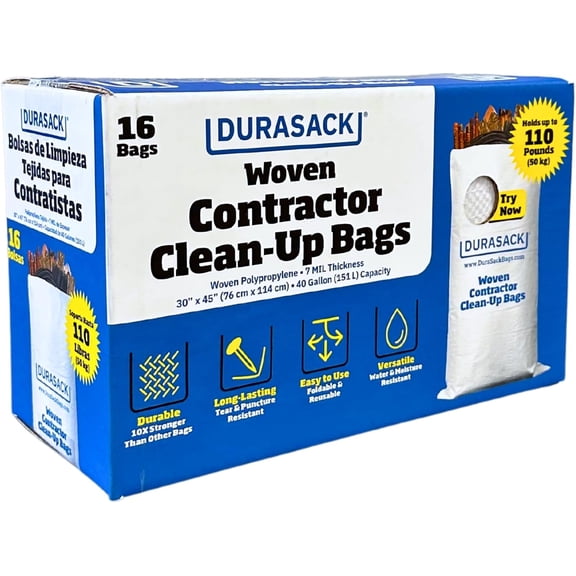 DURASACK Contractor Bags Heavy Duty 40-Gallon Reusable White Woven Polypropylene Contractor Garbage Bags, Pack of 20