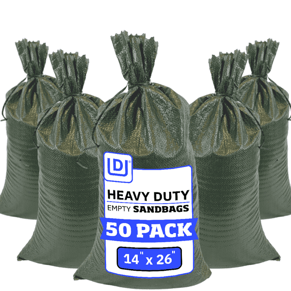 DURASACK® Sand Bags with Tie Strings, Heavy Duty, 14" x 26", Green, 50 Count