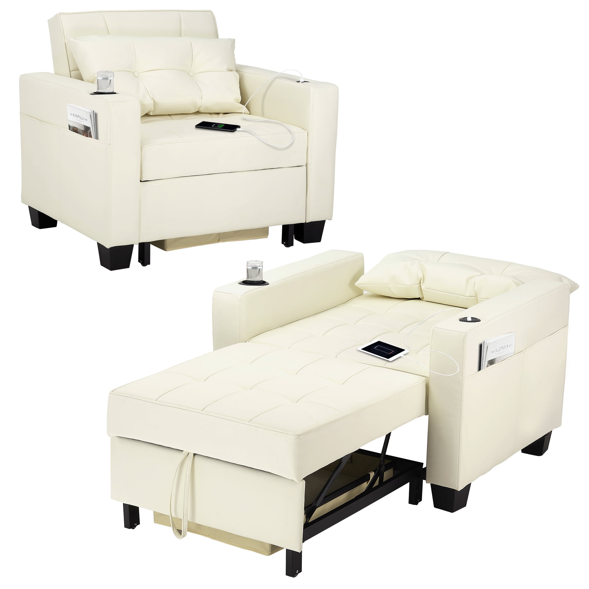 DURASPACE 3 in 1 Convertible Sleeper Chair Bed with Usb Port, Faux