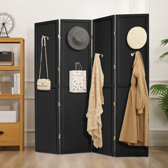Room Dividers with 4 Panels Folding Privacy Screens Pegboard Stand Organizer for Jewelry, Craft, Cloth, Art Display Black
