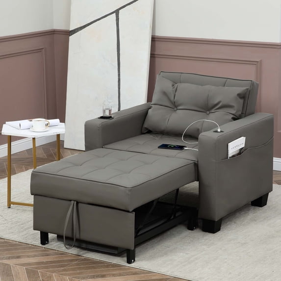 DURASPACE Futon Chair Bed Convertible Chair 3-in-1 Pull Out Sleeper Chair Beds for Living Room Gray Faux Leather - 1PC