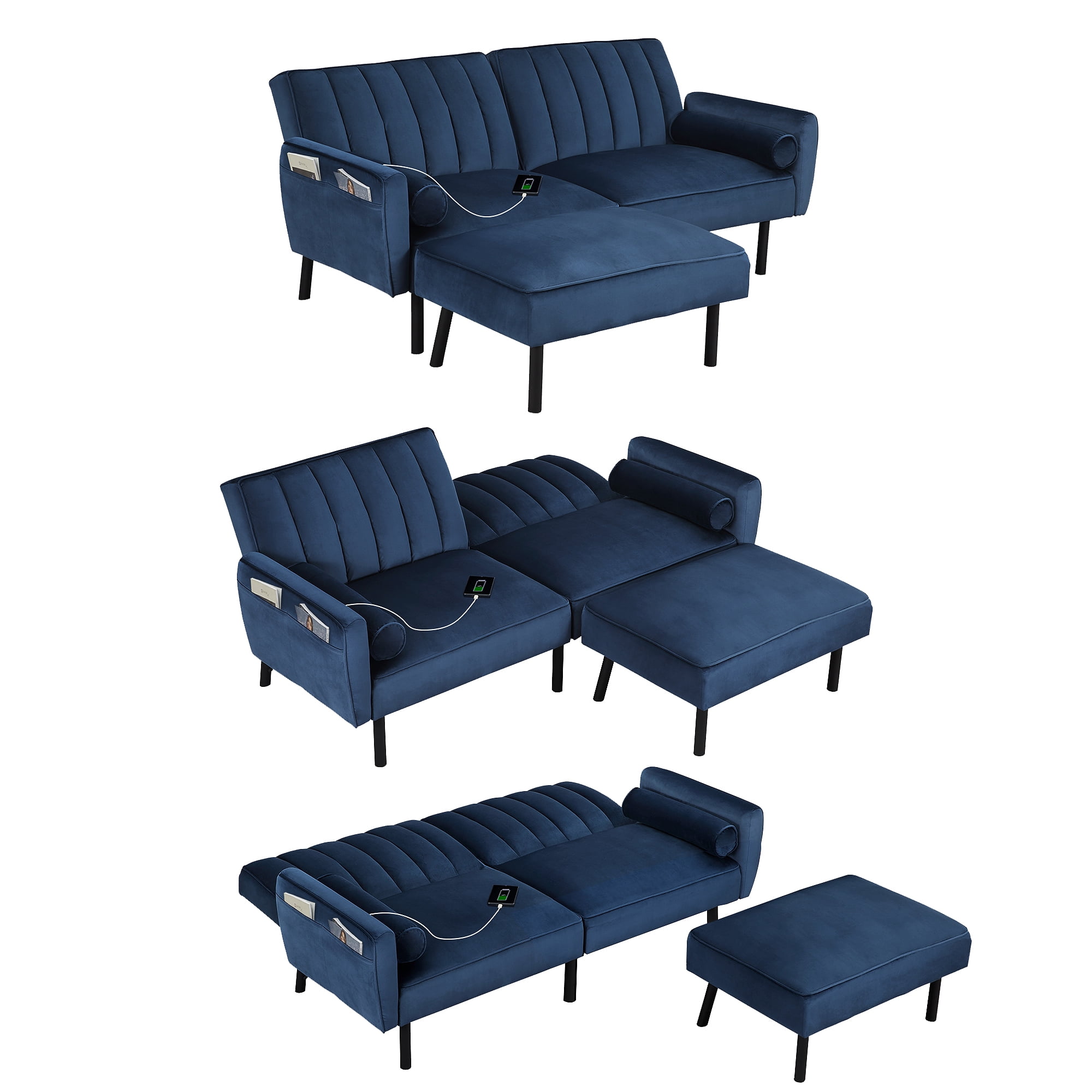 DURASPACE Futon Sofa Bed Couch Velvet Sofas with Movable Ottoman USB