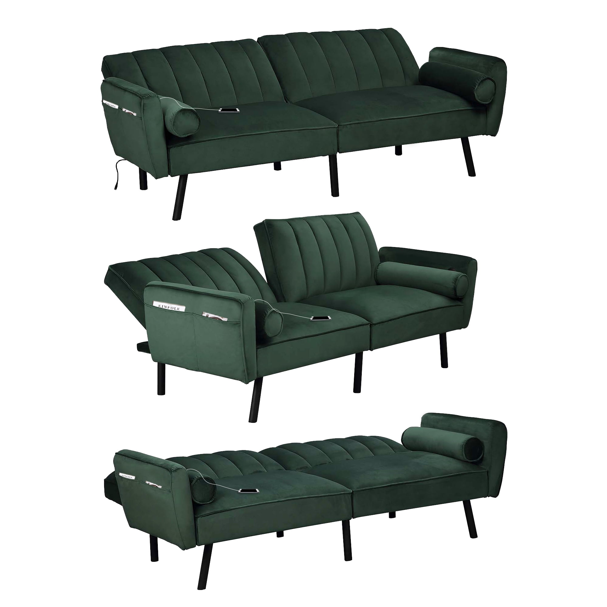 DURASPACE Futon Sofa Bed Couch Velvet Sofas with USB Charging Port Pillow Side Pocket Adjustable